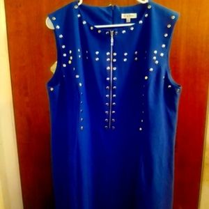 Blue sheath dress with studs and front zipper
